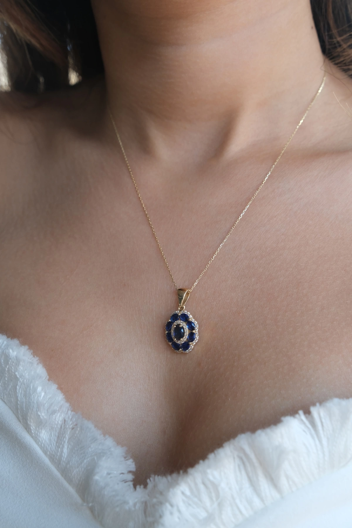 Asil 14 Ayar Mavi Taşlı Çiçek Altın Kolye Ucu KLU1644