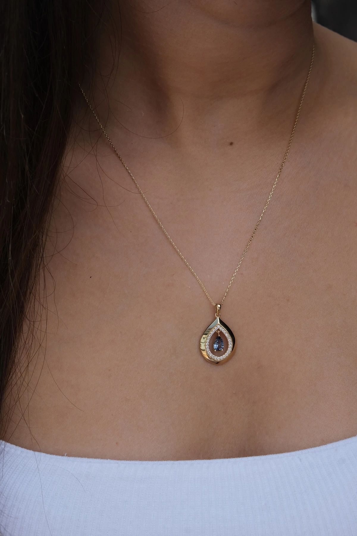 Asil 14 Ayar Mavi Taşlı Damla Altın Kolye KLY3693