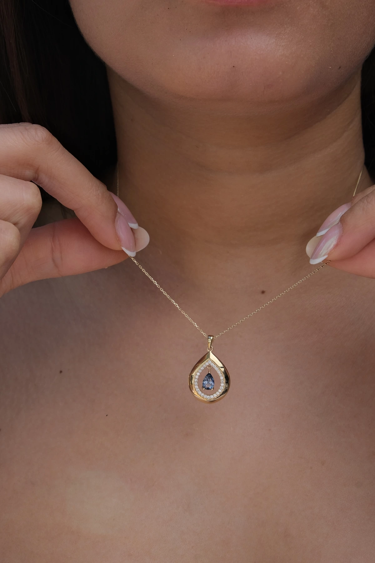 Asil 14 Ayar Mavi Taşlı Damla Altın Kolye KLY3693