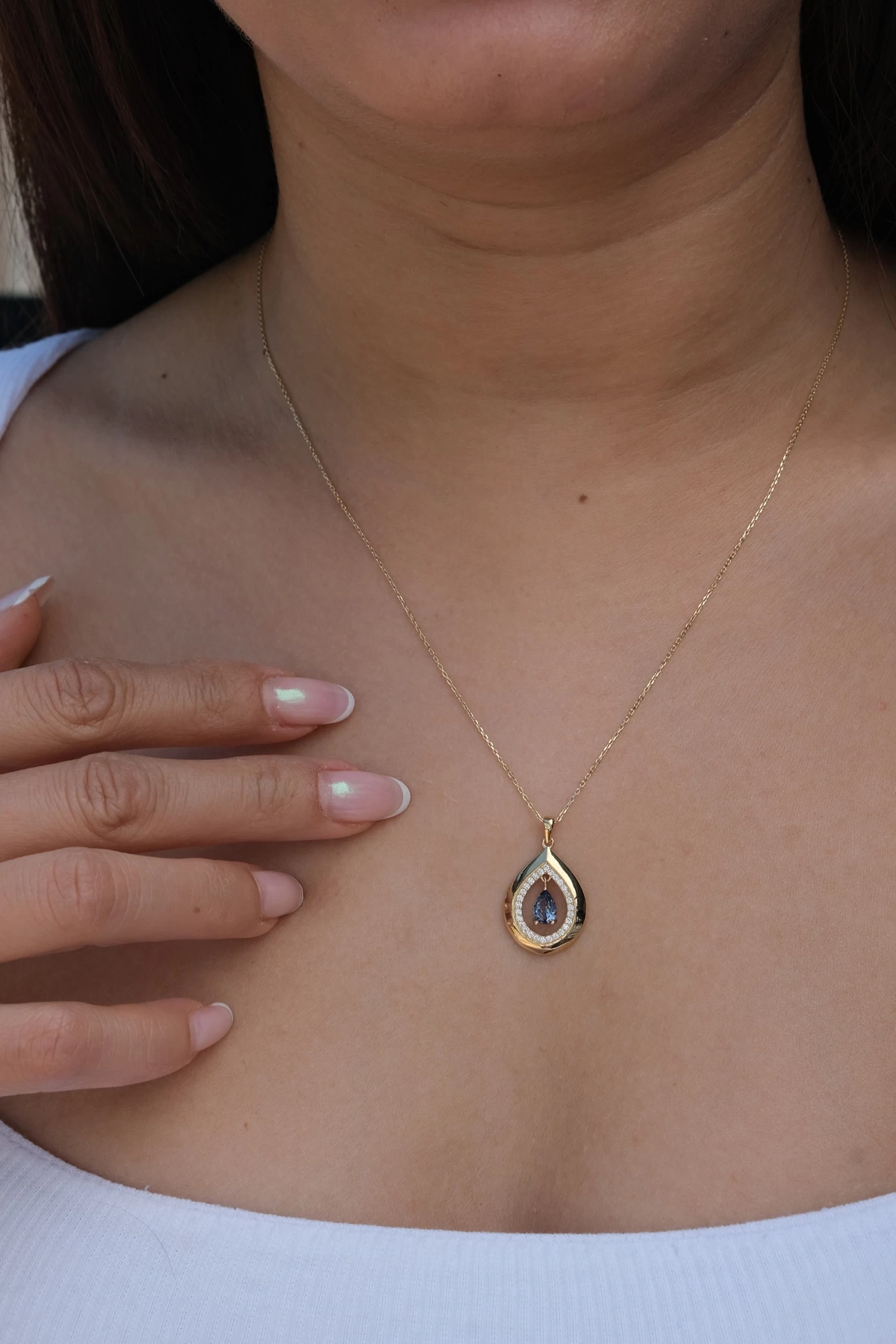 Asil 14 Ayar Mavi Taşlı Damla Altın Kolye KLY3693