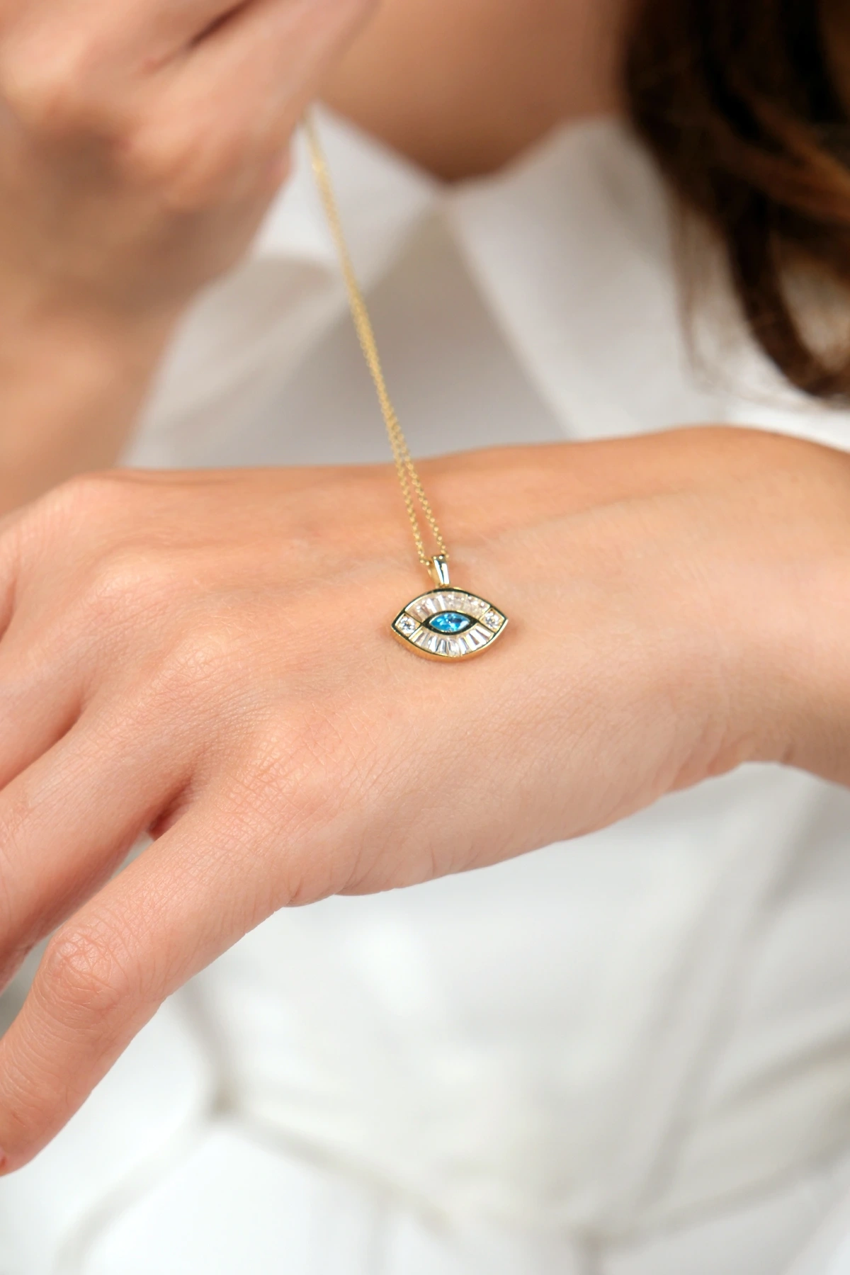 Asil 14 Ayar Mavi Taşlı Göz Altın Kolye KLY3888