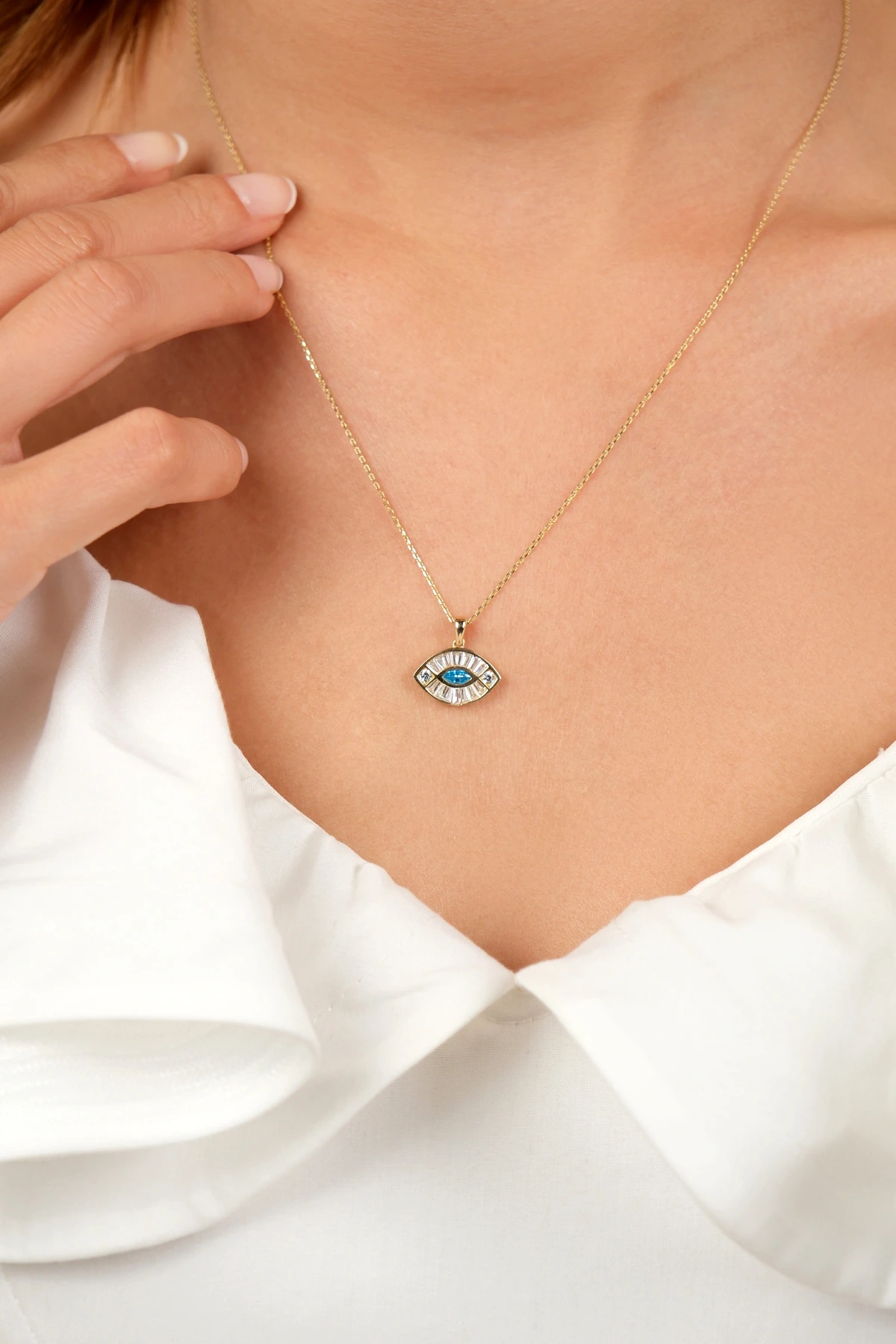 Asil 14 Ayar Mavi Taşlı Göz Altın Kolye KLY3888