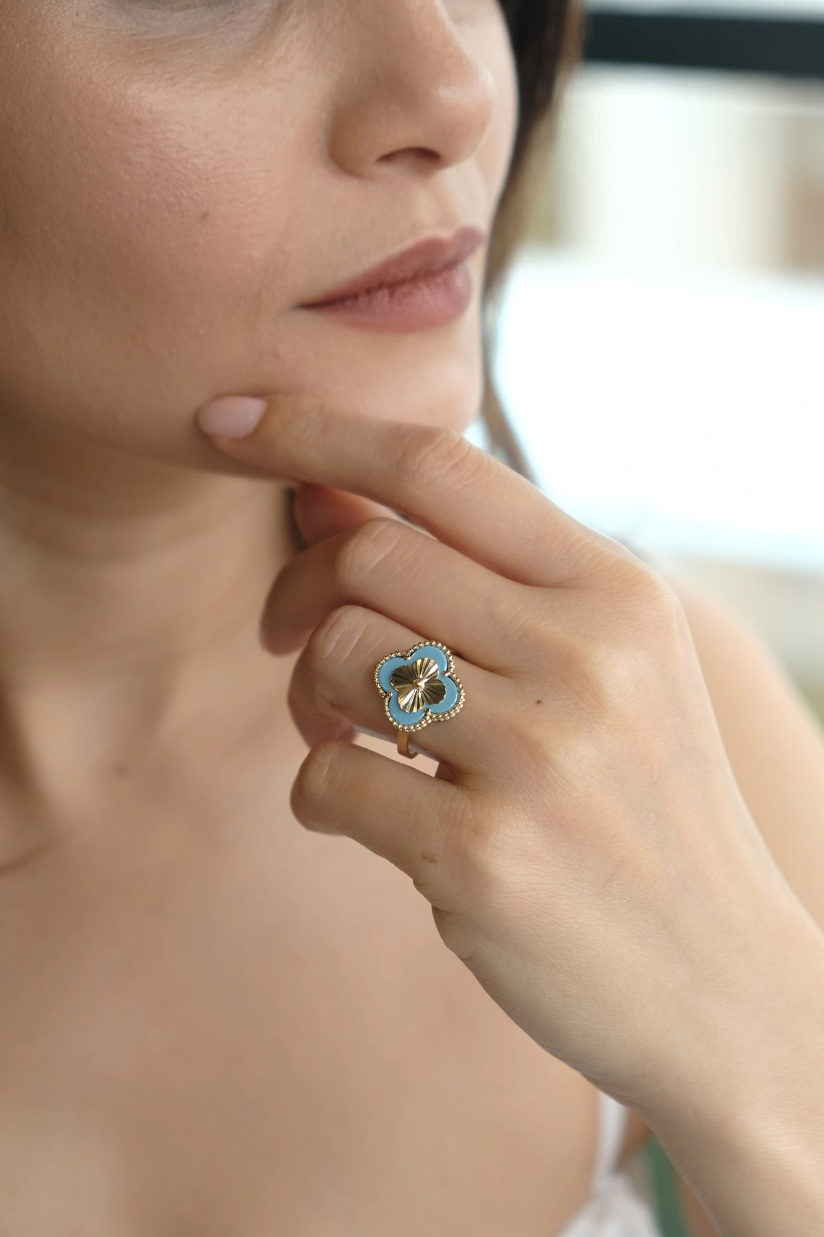 Asil 14 Ayar Mavi Taşlı Yonca Altın Yüzük YZK3338