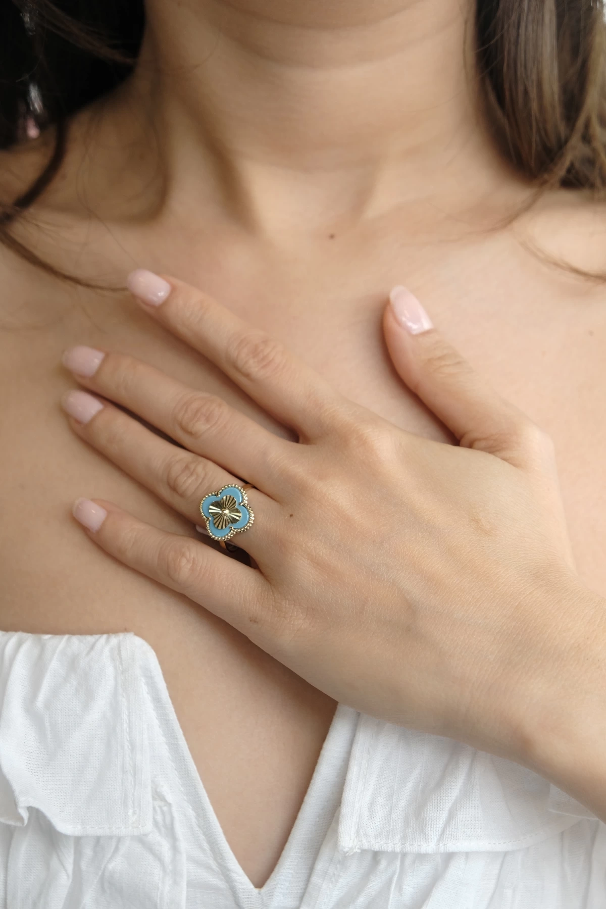 Asil 14 Ayar Mavi Taşlı Yonca Altın Yüzük YZK3338