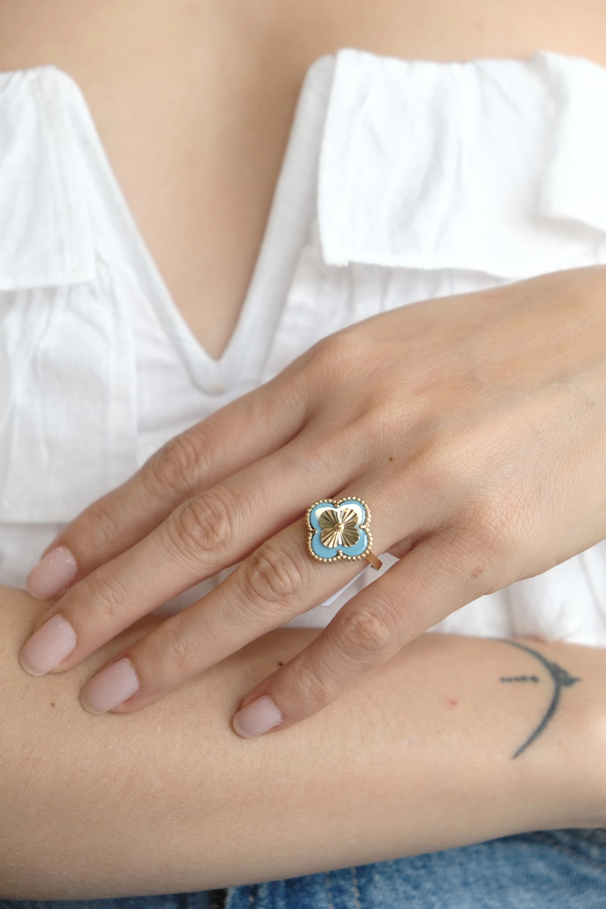 Asil 14 Ayar Mavi Taşlı Yonca Altın Yüzük YZK3338