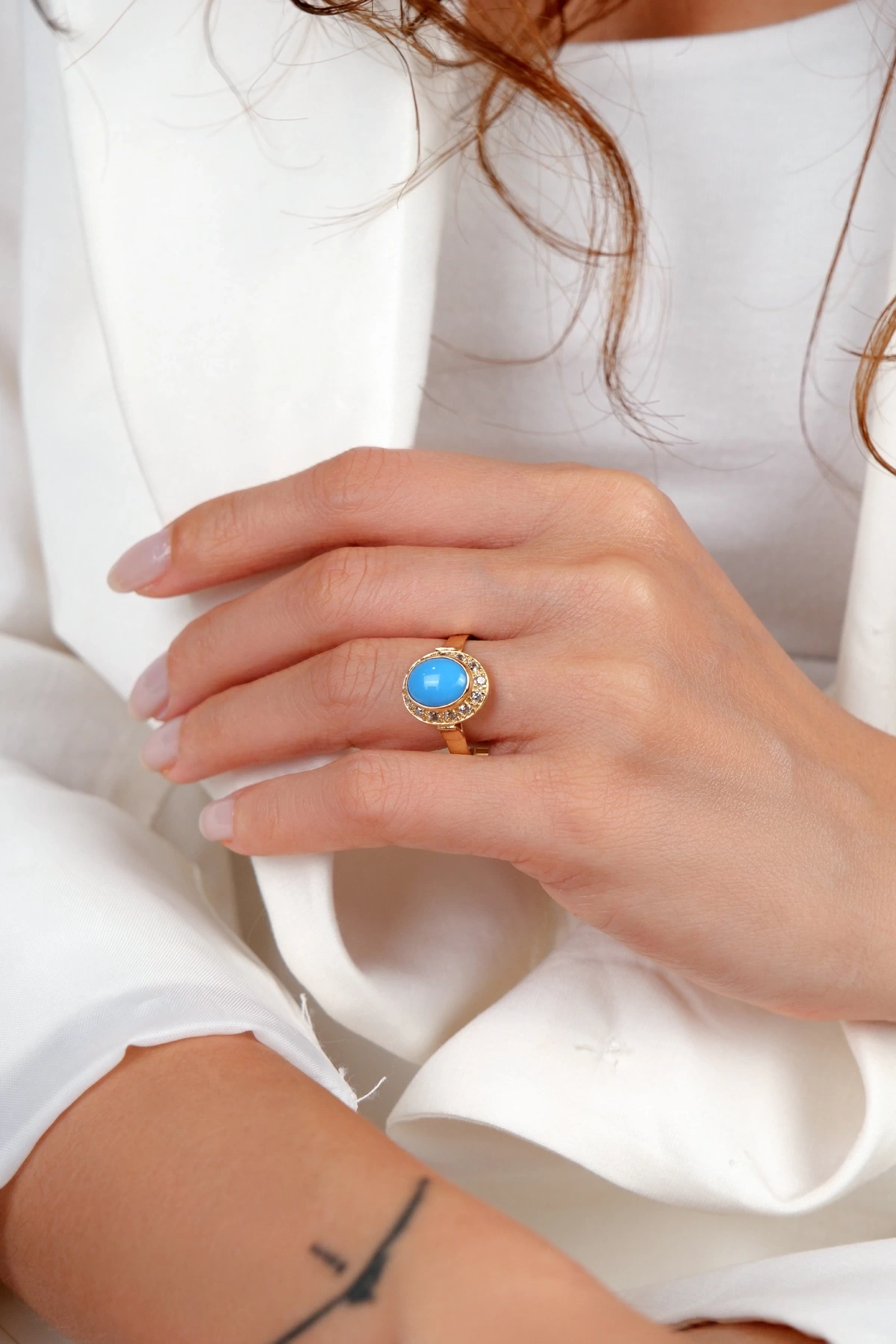 Asil 14 Ayar Otantik Mavi Taşlı Oval Altın Yüzük YZK3306