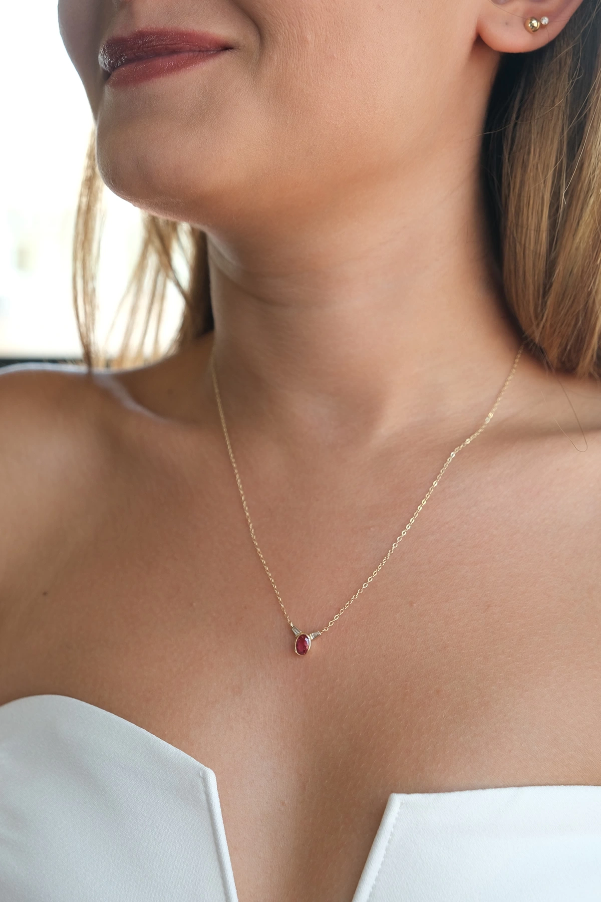 Asil 14 Ayar Pembe Oval Taşlı Altın Kolye KLY2850