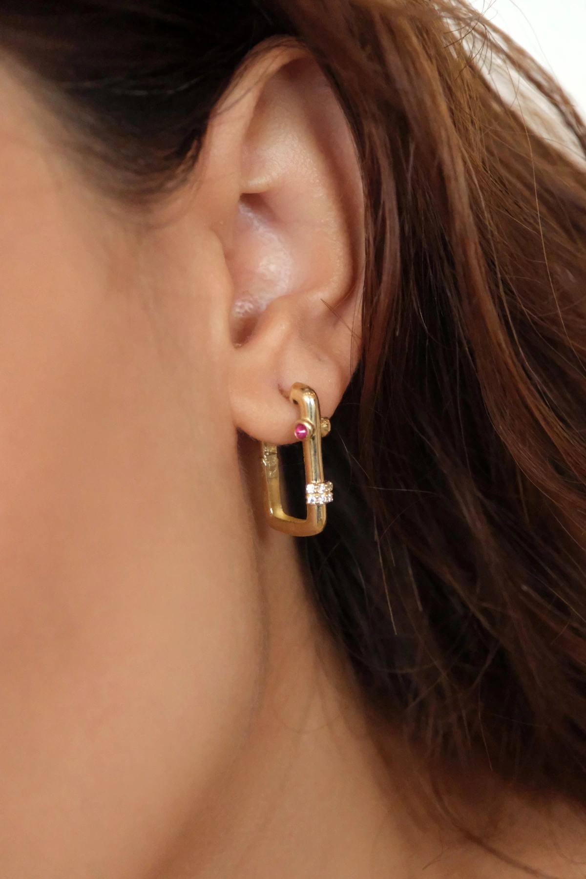 Asil 14 Ayar Pembe Taşlı Dörtgen Halka Altın Küpe KP5034