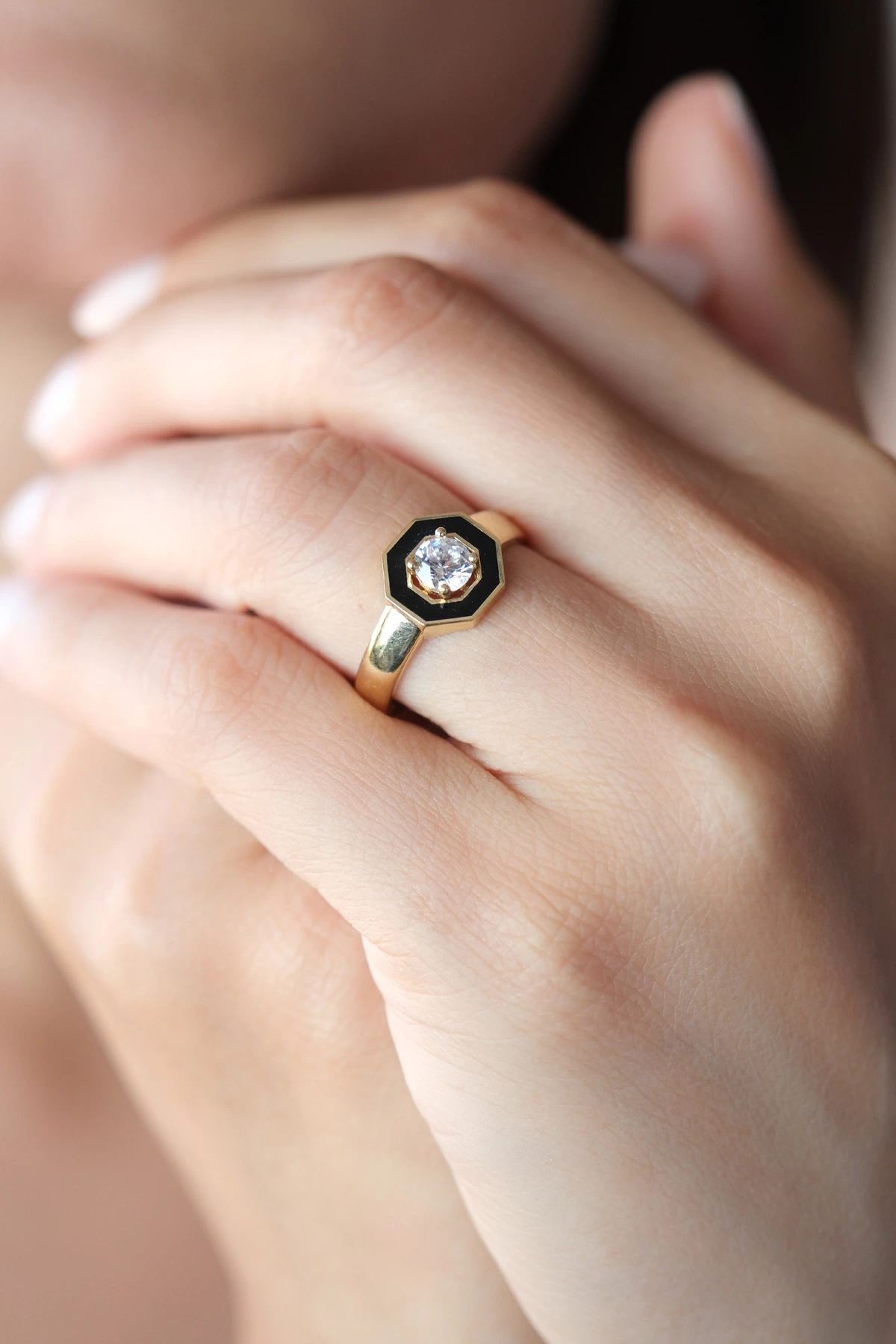 Asil 14 Ayar Siyah Mine Taşlı Altın Yüzük YZK2750