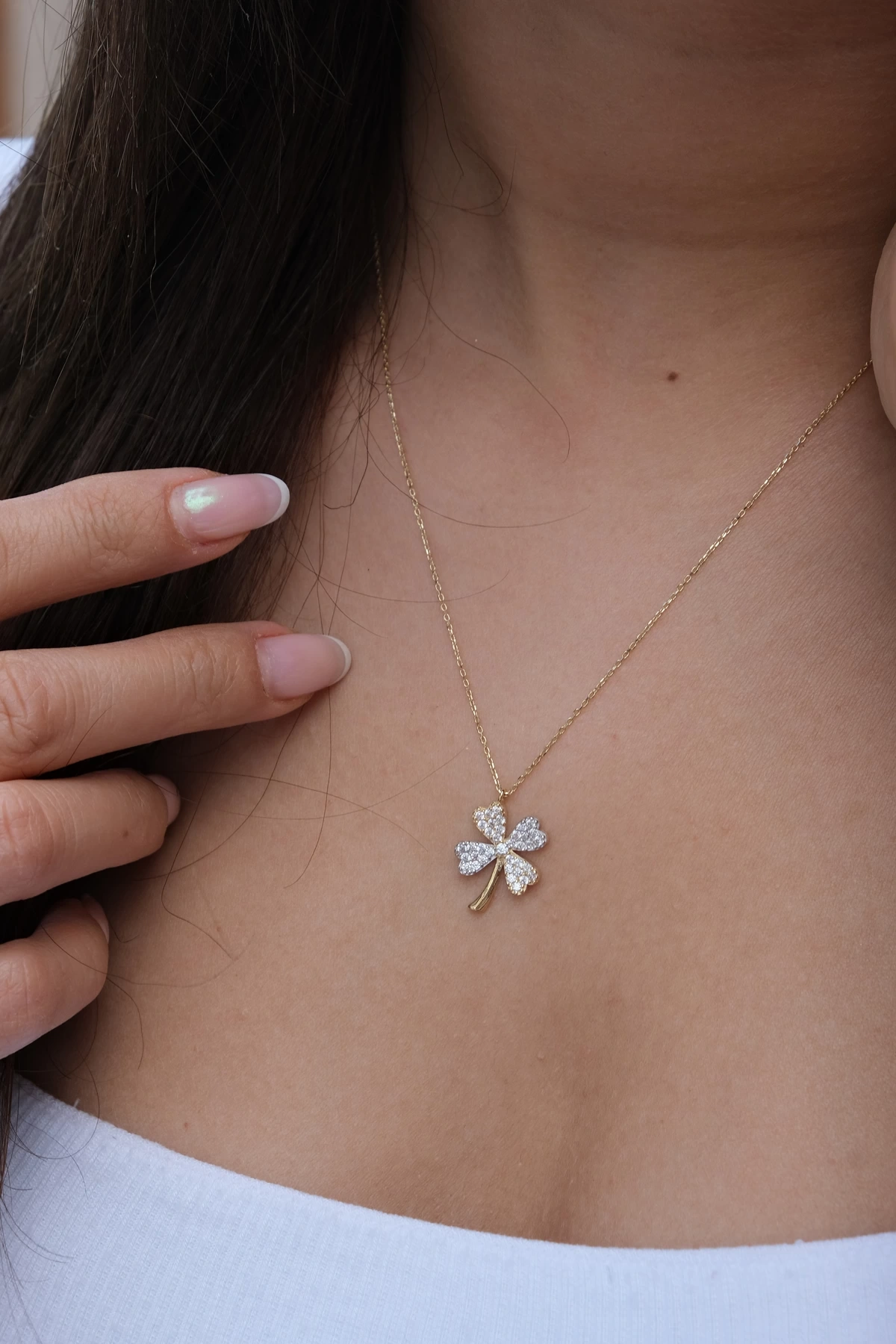 Asil 14 Ayar Taşlı Altın Yonca Kolye KLY3584