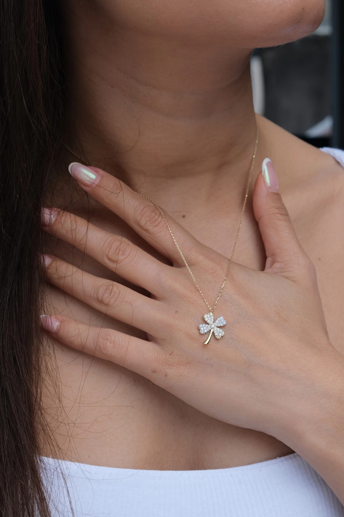 Asil 14 Ayar Taşlı Altın Yonca Kolye KLY3584