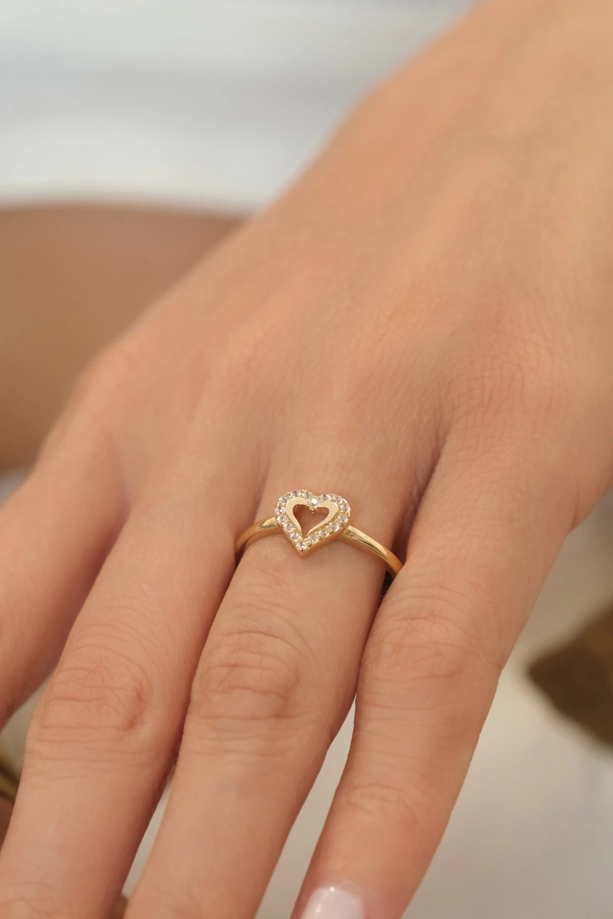 Asil 14 Ayar Taşlı Kalp Model Altın Yüzük YZK3563