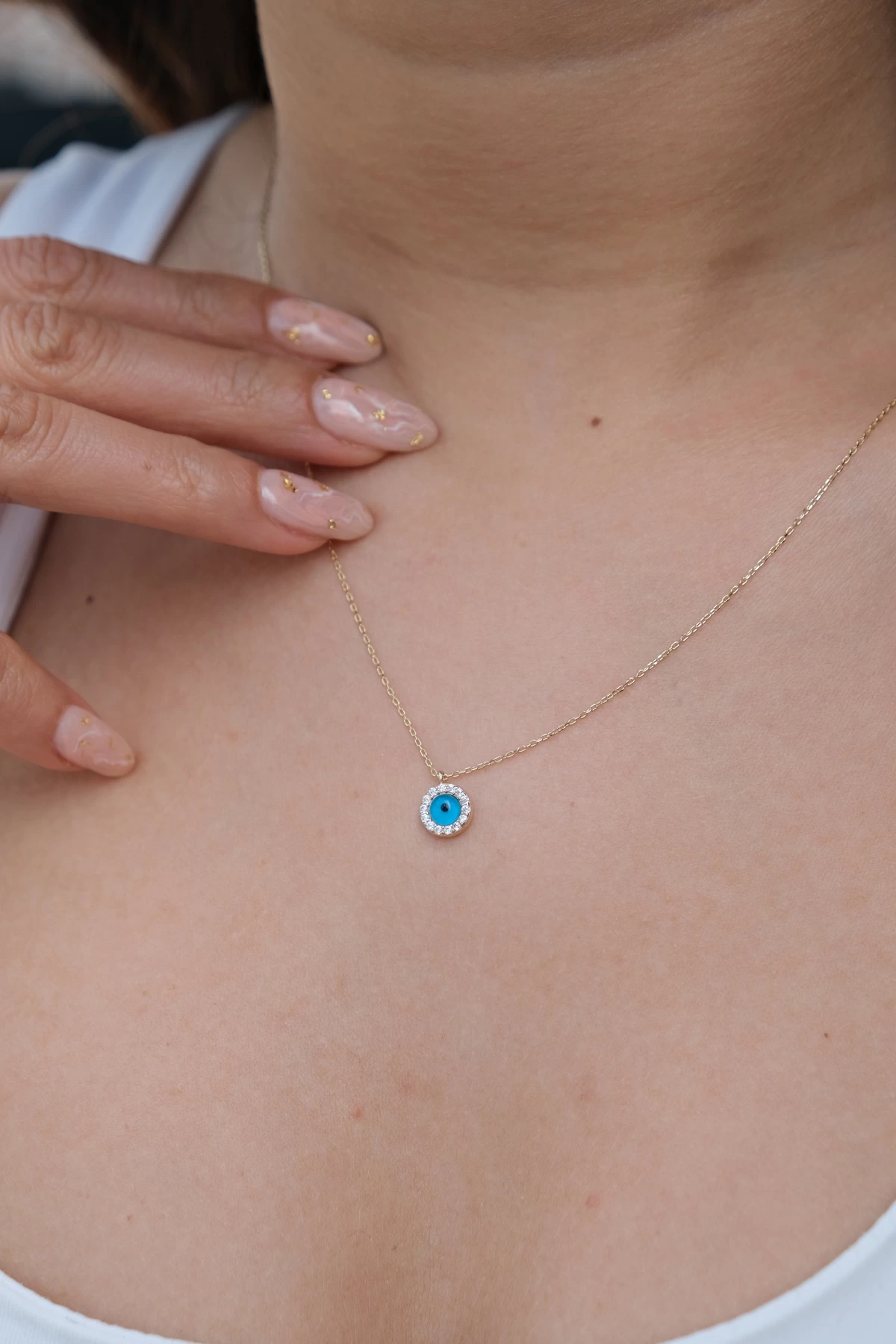 Asil 14 Ayar Taşlı Mini Nazar Boncuğu Altın Kolye Kly3776