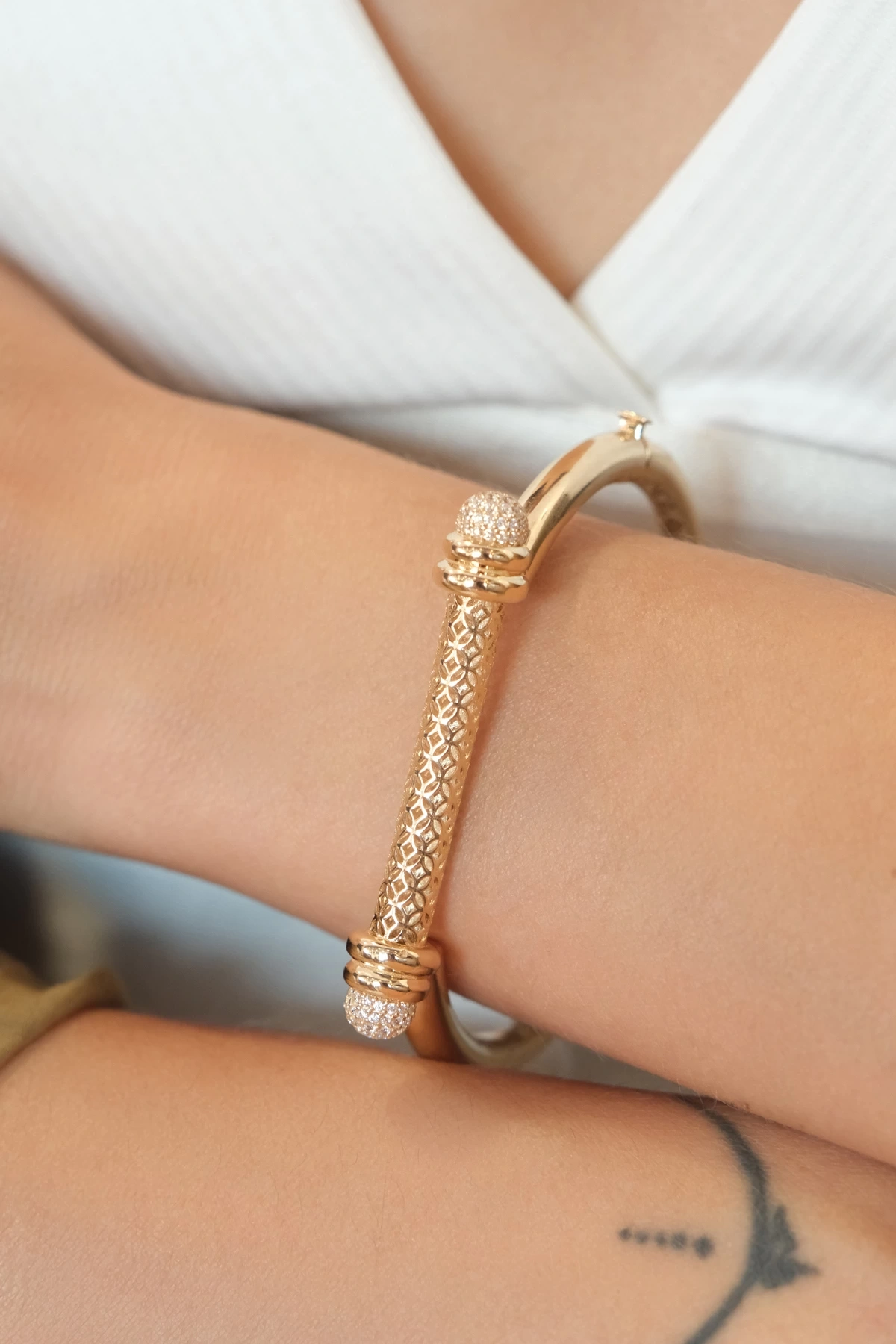 Asil 14 Ayar Taşlı Telkari Kelepçe Altın Bileklik BLK1793