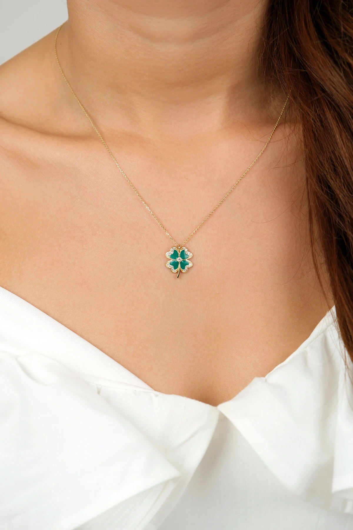 Asil 14 Ayar Taşlı Dört Yapraklı Yonca Altın Kolye KLY3489