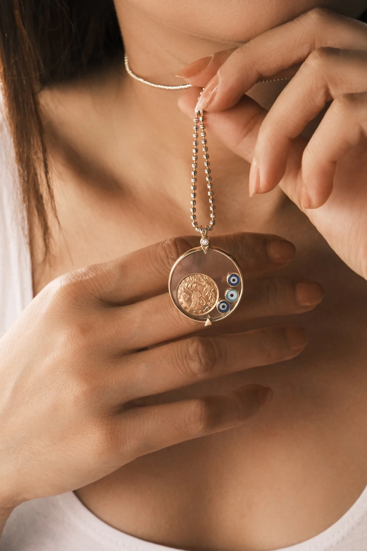 Asil 14 Ayar Tuğra Paralı Cam Kapsül Altın Kolye Ucu KLU1645