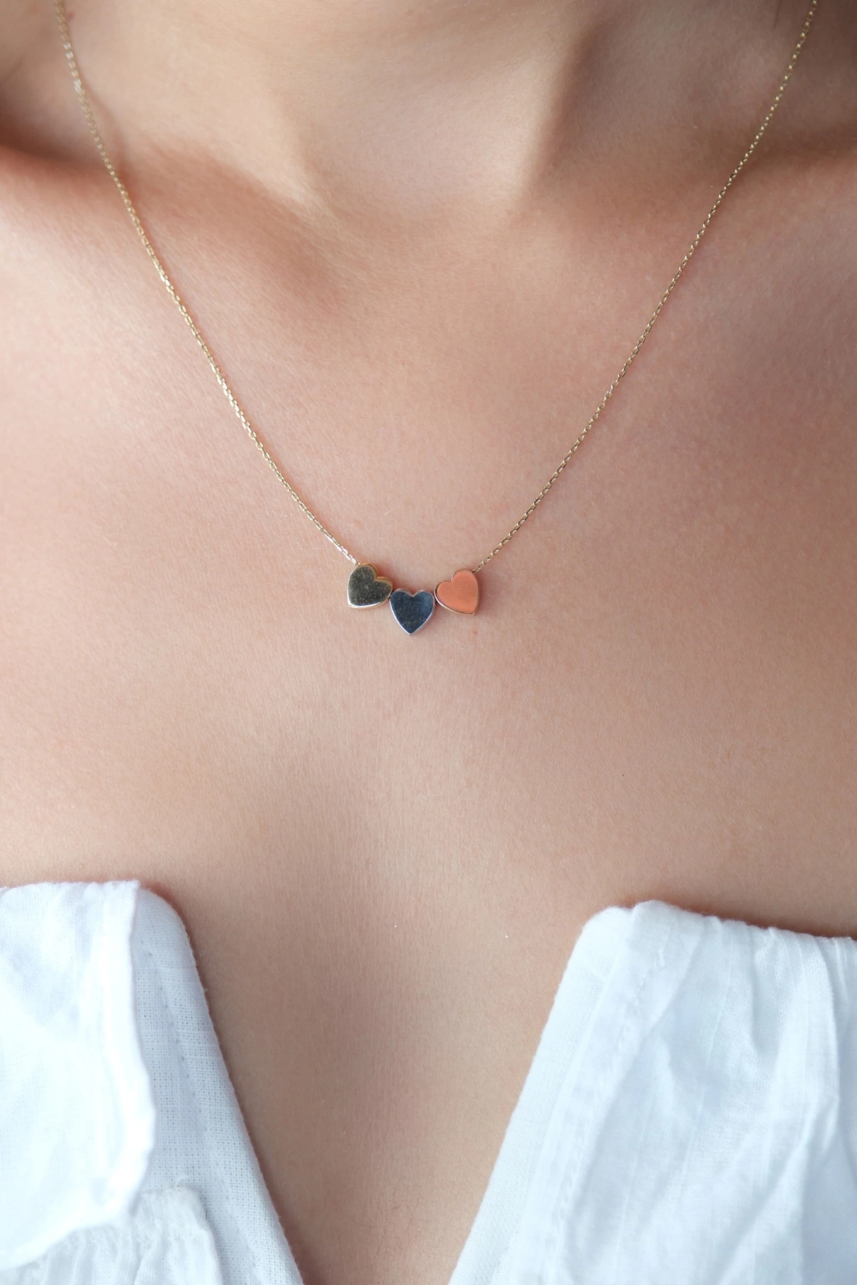 Asil 14 Ayar Üç Renk Üç Kalp Altın Kolye KLY3942