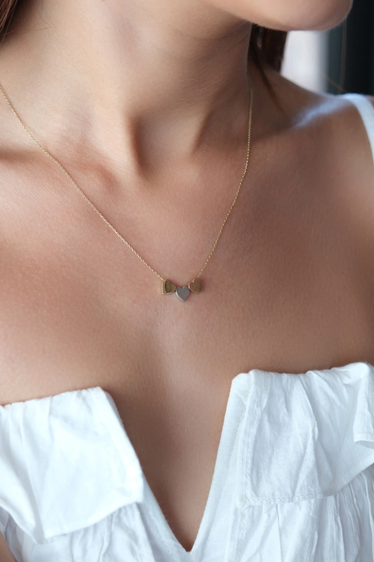 Asil 14 Ayar Üç Renk Üç Kalp Altın Kolye KLY3942