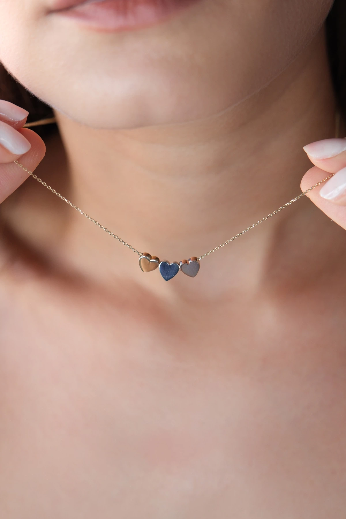 Asil 14 Ayar Üç Renk Üç Kalp Altın Kolye KLY3942