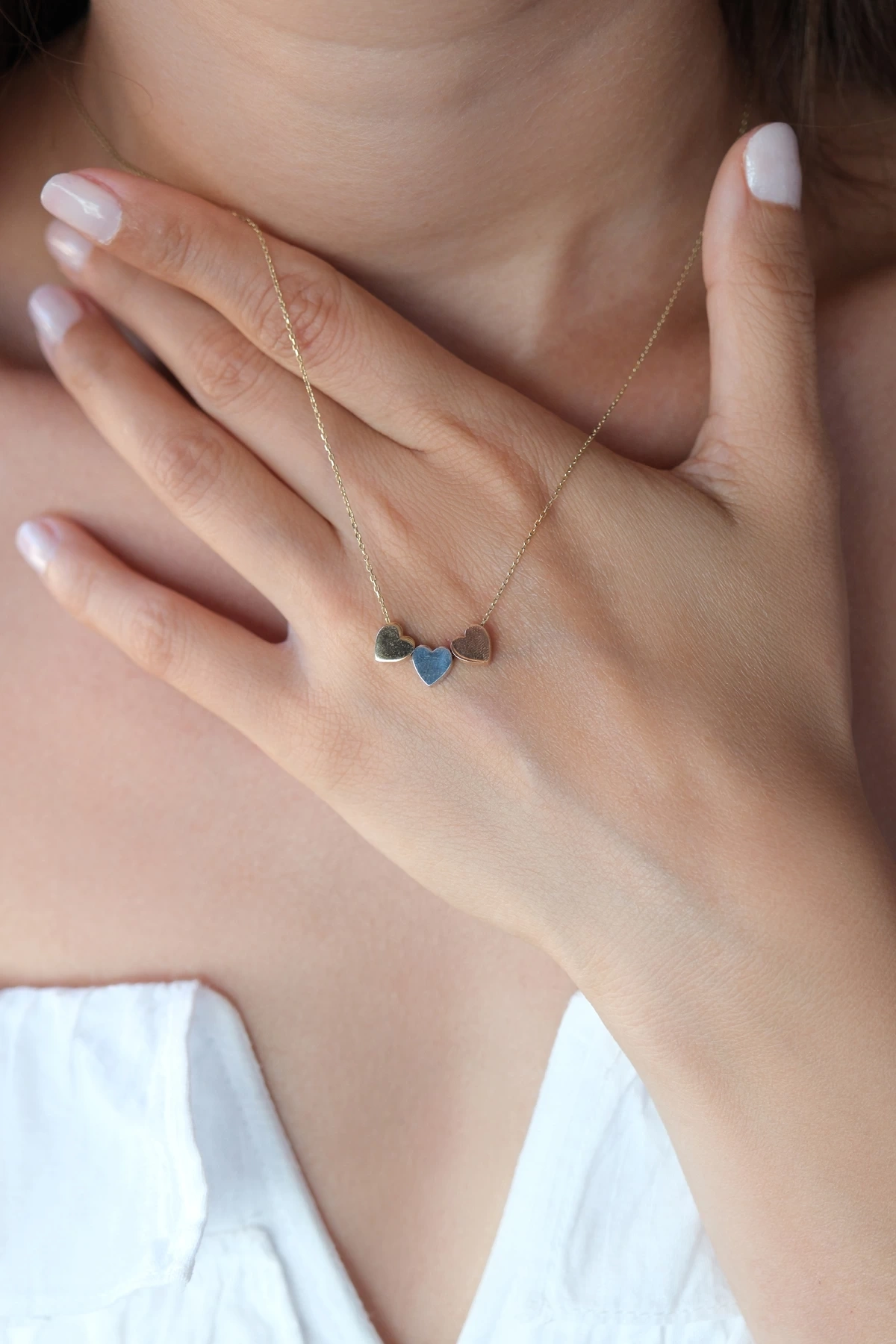 Asil 14 Ayar Üç Renk Üç Kalp Altın Kolye KLY3942