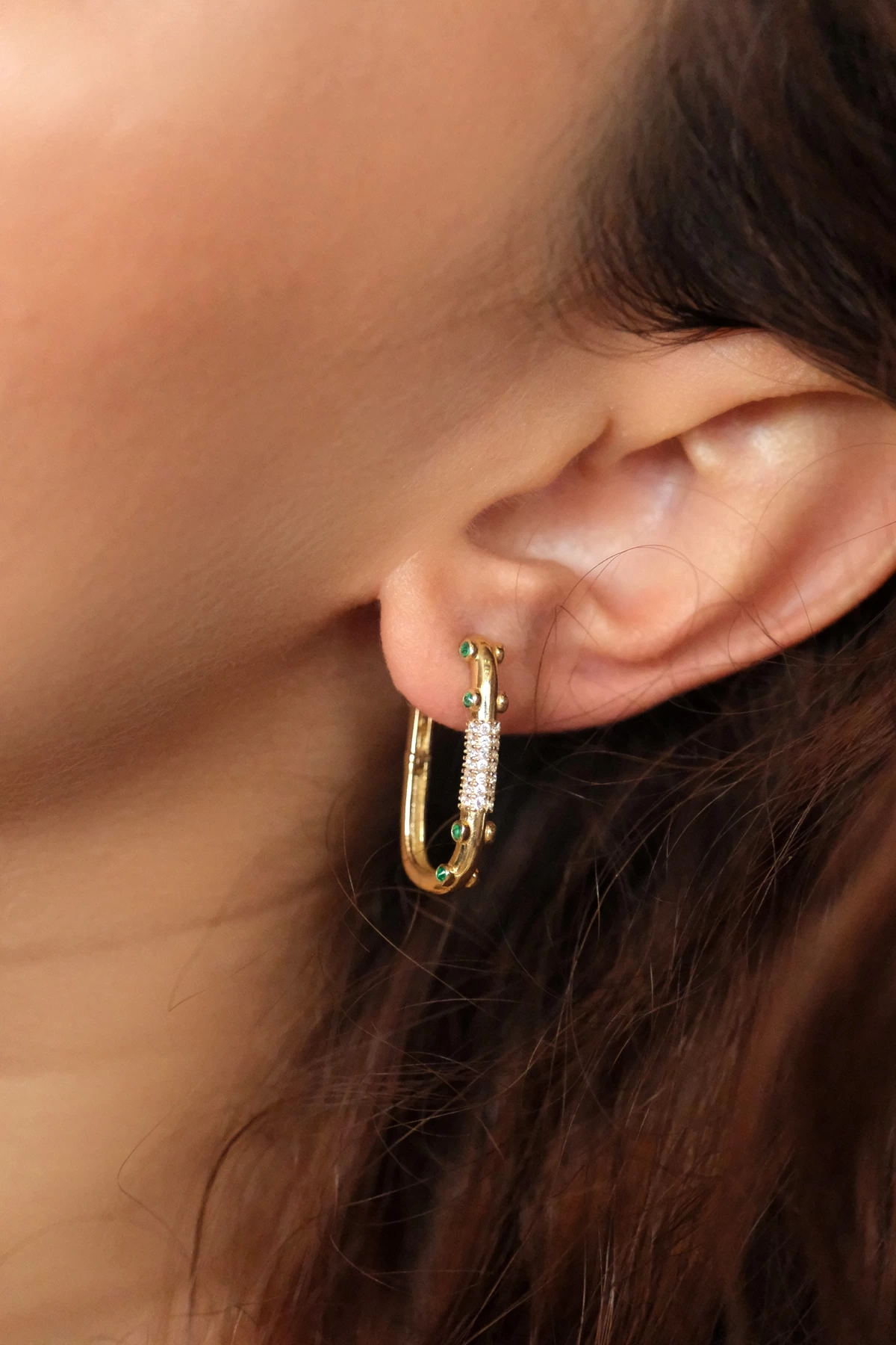 Asil 14 Ayar Yeşil Taşlı Dikdörtgen Halka Altın Küpe KP5037