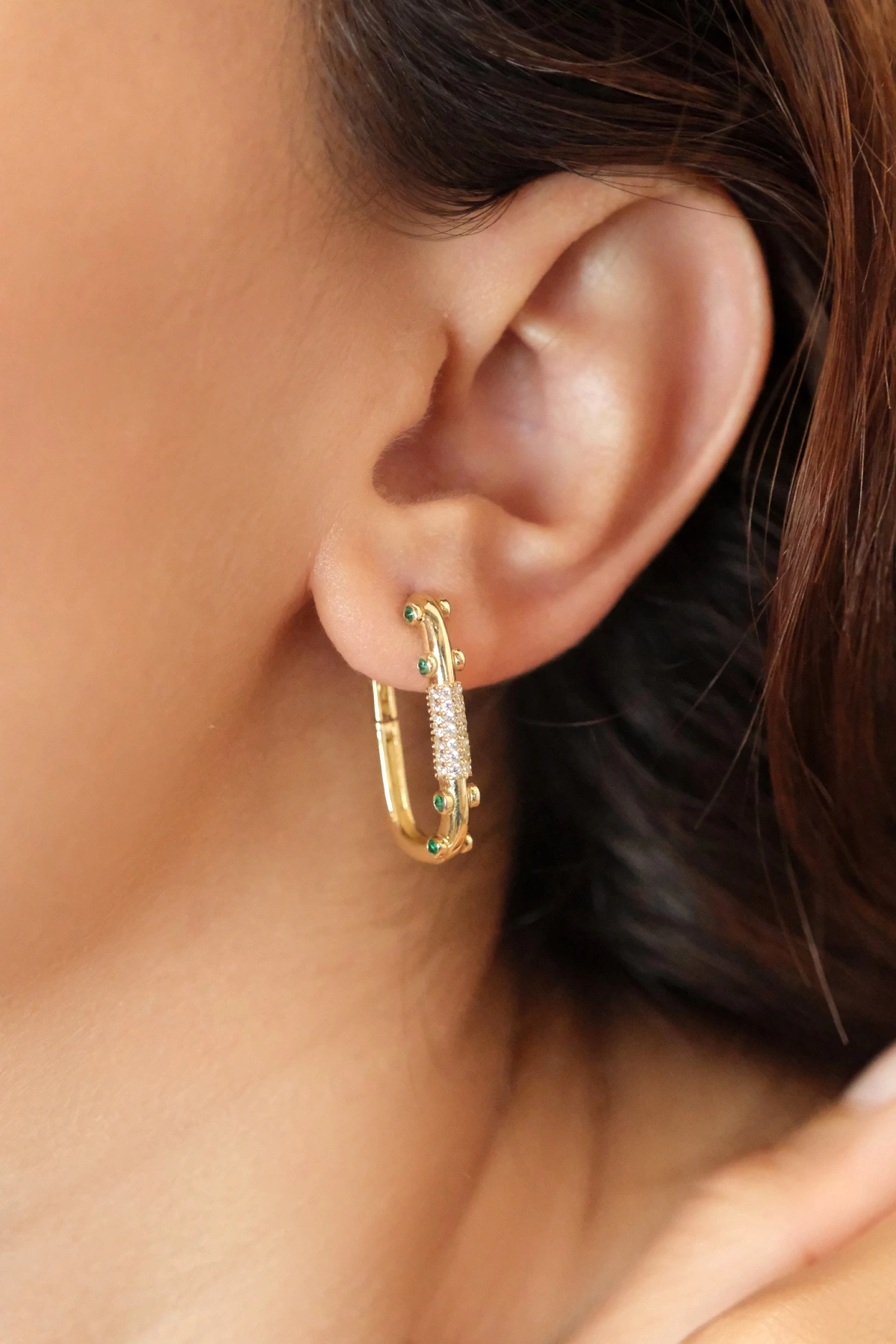 Asil 14 Ayar Yeşil Taşlı Dikdörtgen Halka Altın Küpe KP5037