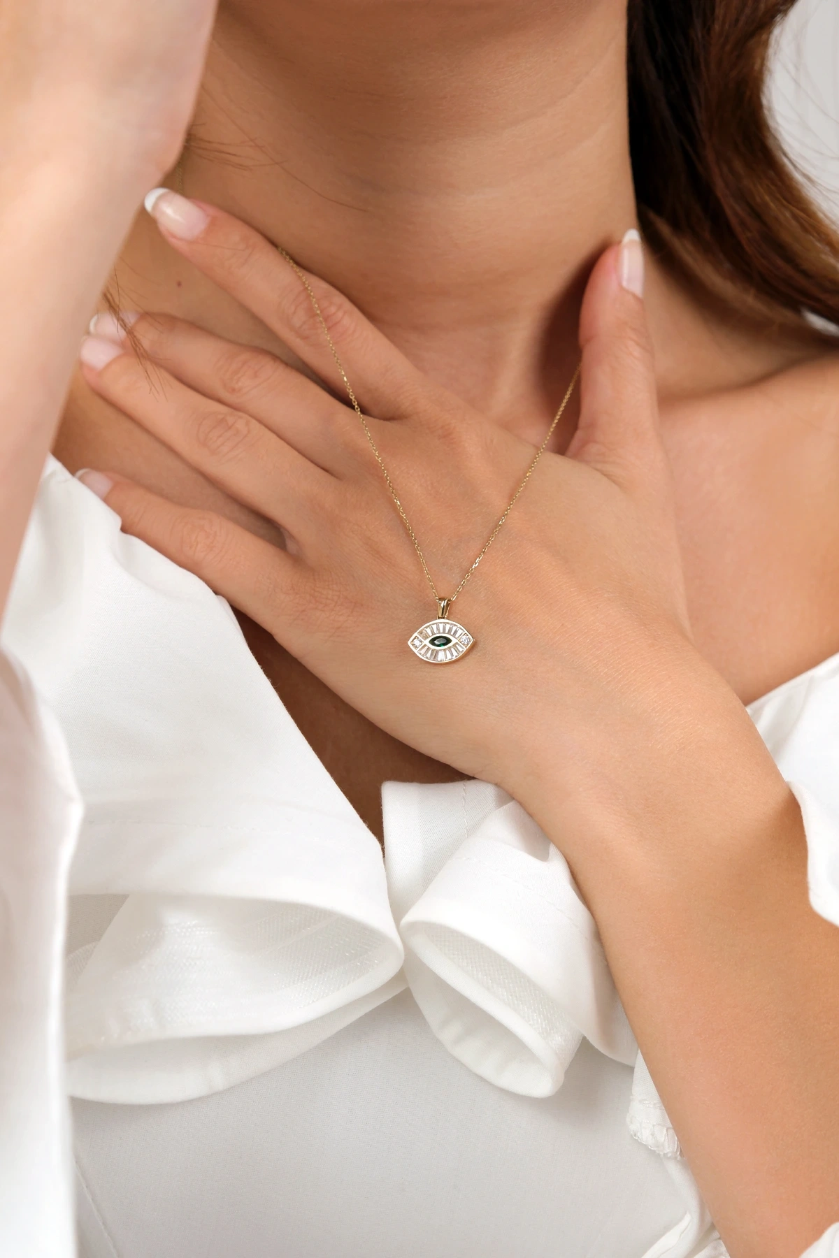 Asil 14 Ayar Yeşil Taşlı Göz Altın Kolye KLY3778