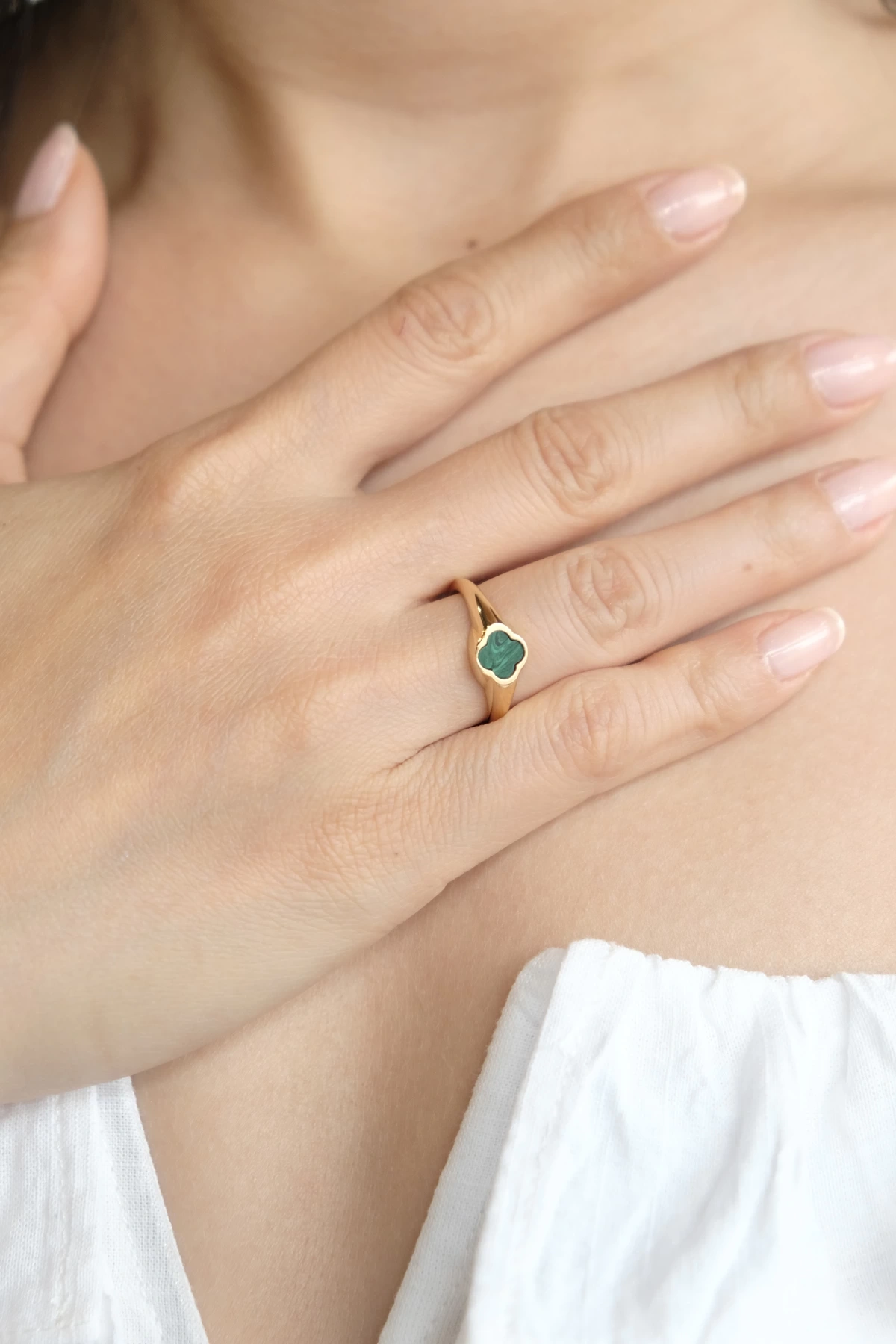 Asil 14 Ayar Malahit Yonca Altın Yüzük YZK3269