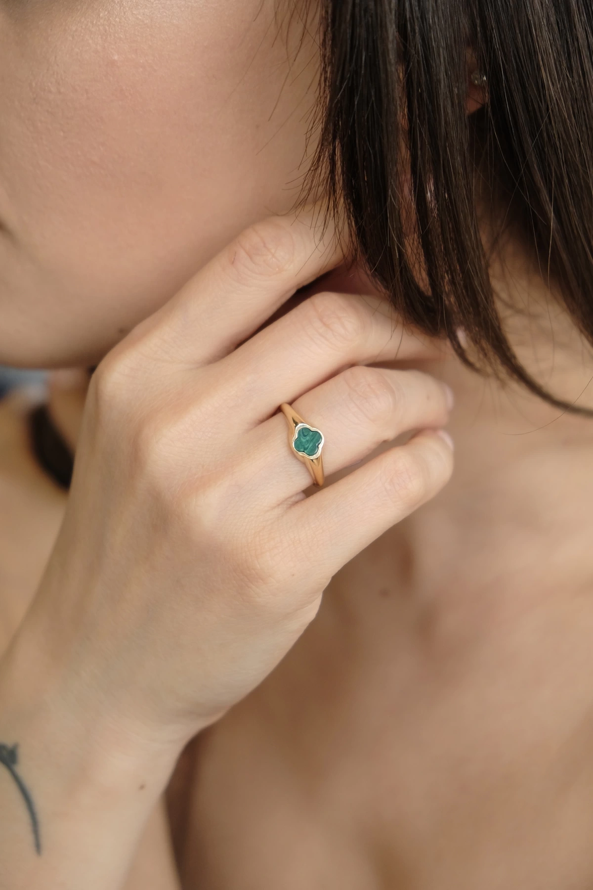 Asil 14 Ayar Malahit Yonca Altın Yüzük YZK3269