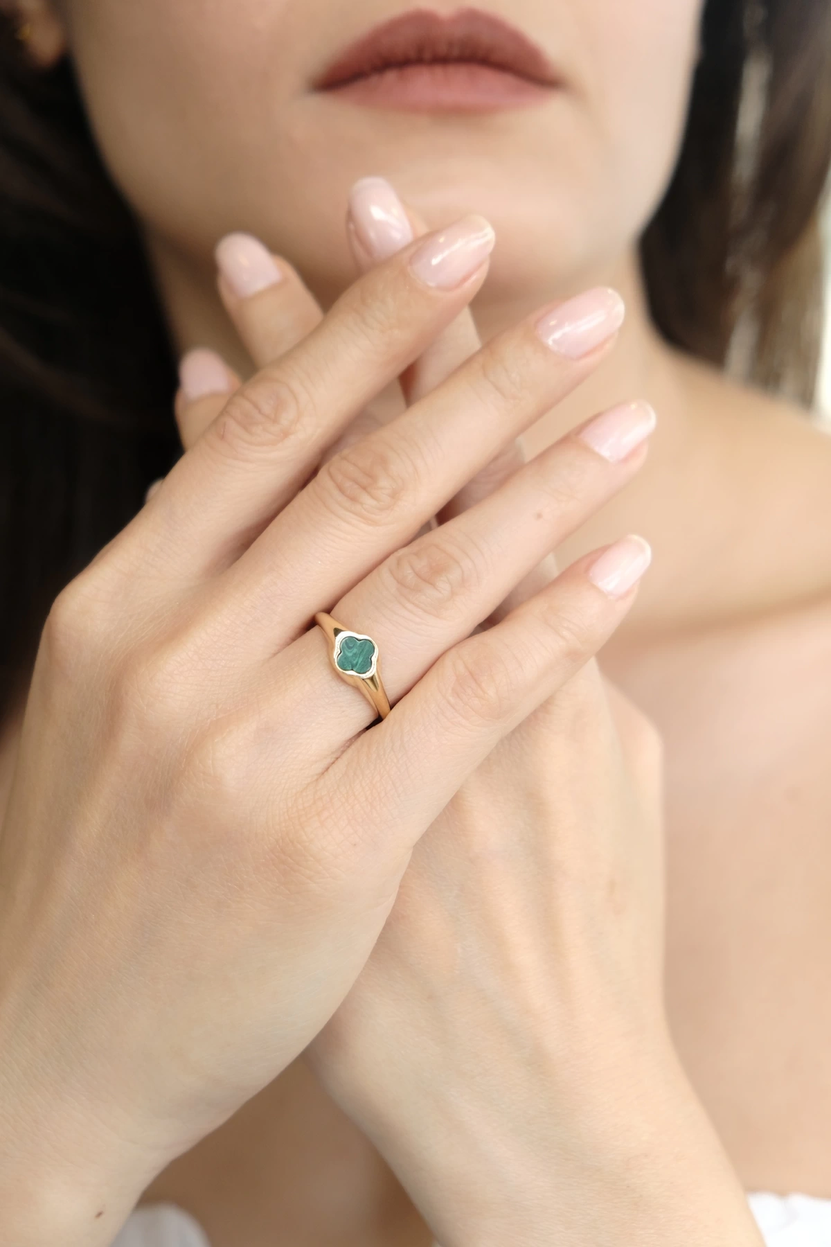 Asil 14 Ayar Malahit Yonca Altın Yüzük YZK3269