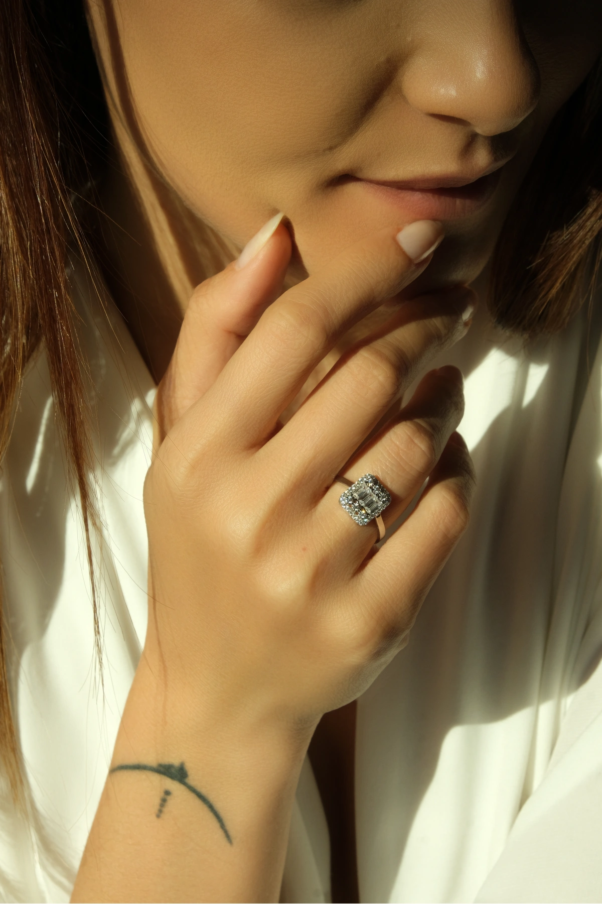 Asil 14 Ayar Baget Beyaz Altın Yüzük YZK1789