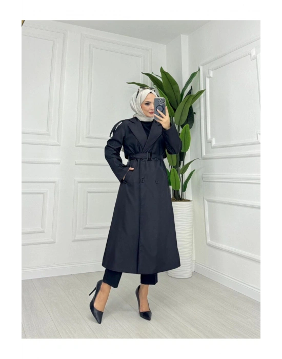 Siyah  Rengi Astarlı Trençkot