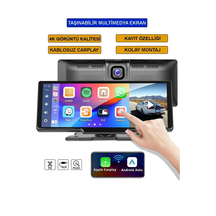 Leerfei Lf-1026 Taşınabilir HD Dokunmatik Ekranlı Kablosuz Araç Multimedya Oynatıcısı -CarPlay Android Auto Geri Görüş Kamerası