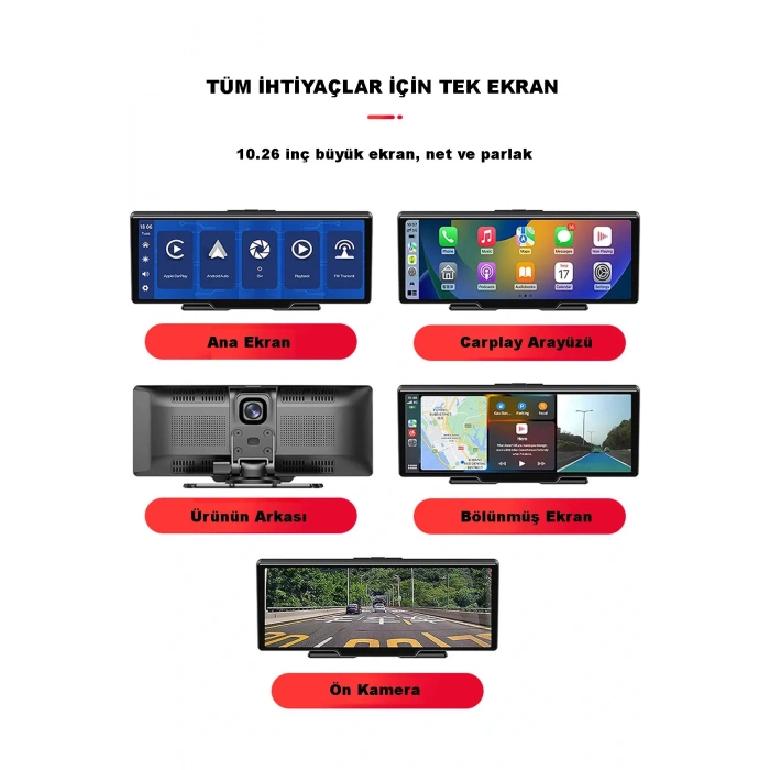 Leerfei Lf-1026 Taşınabilir HD Dokunmatik Ekranlı Kablosuz Araç Multimedya Oynatıcısı -CarPlay Android Auto Geri Görüş Kamerası