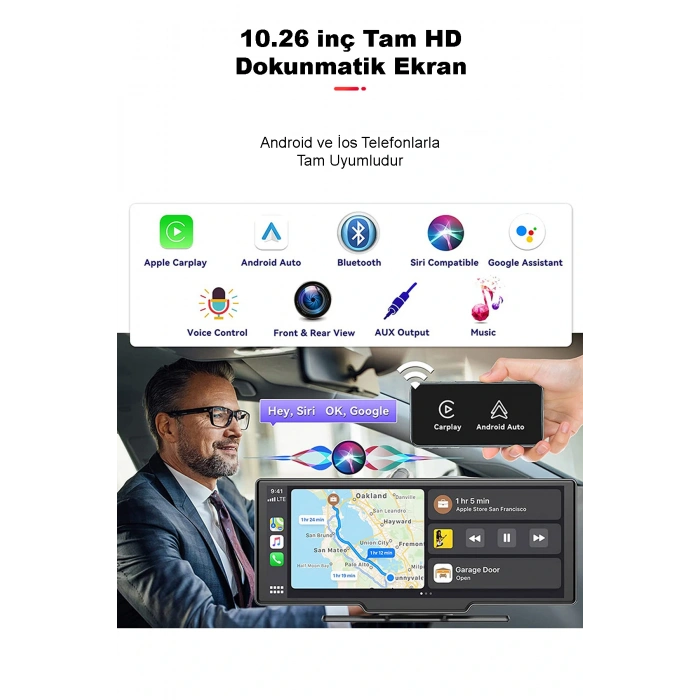 Leerfei Lf-1026 Taşınabilir HD Dokunmatik Ekranlı Kablosuz Araç Multimedya Oynatıcısı -CarPlay Android Auto Geri Görüş Kamerası