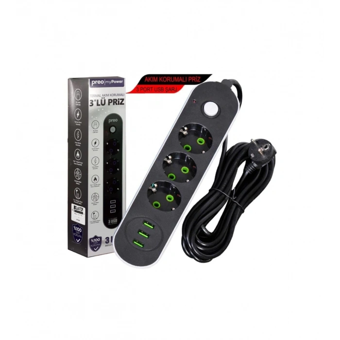 2 METRE AKIM KORUMALI 10A 3X USB GİRİŞLİ 3 LÜ PRİZ