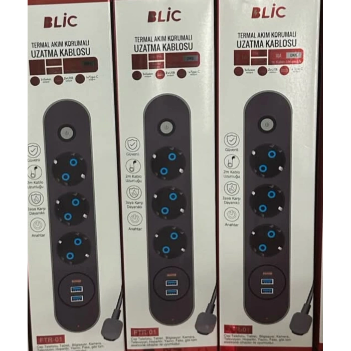 Blic Ftr-01 3 Priz / 2 USB 1 TYPCE Girişli Termal Akım Korumalı Priz 2m