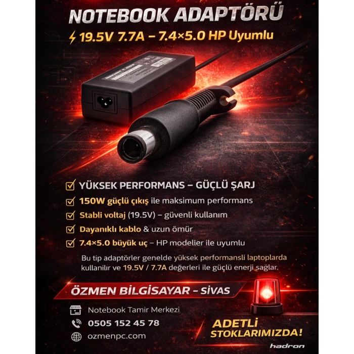 Notebook Adaptörü 19.5V 7.7A 7.4*5.0 150W Hp (Gxhh4)