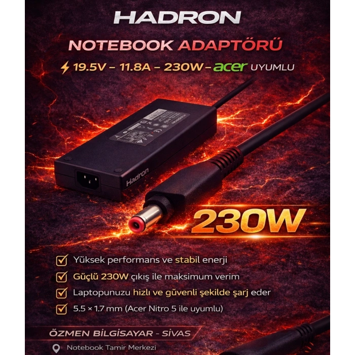 Acer Nitro 5 Notebook Adaptörü 19.5V 11.8A 5.5*1.7Mm 230W Slim Acer (Hadron Hd8896)