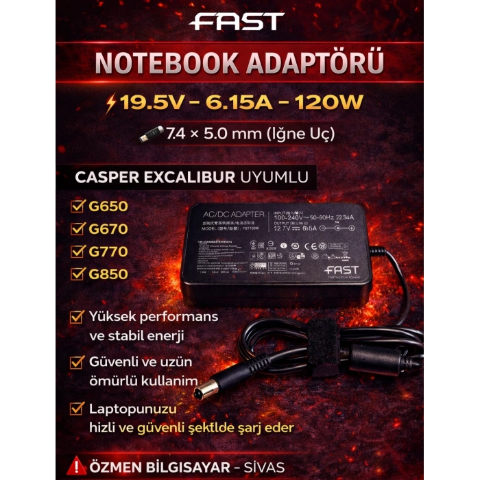 Casper Excalibur 19.5V 6.15A 120w G650 G670 G850 G770 Adaptör Şarj Cihazı