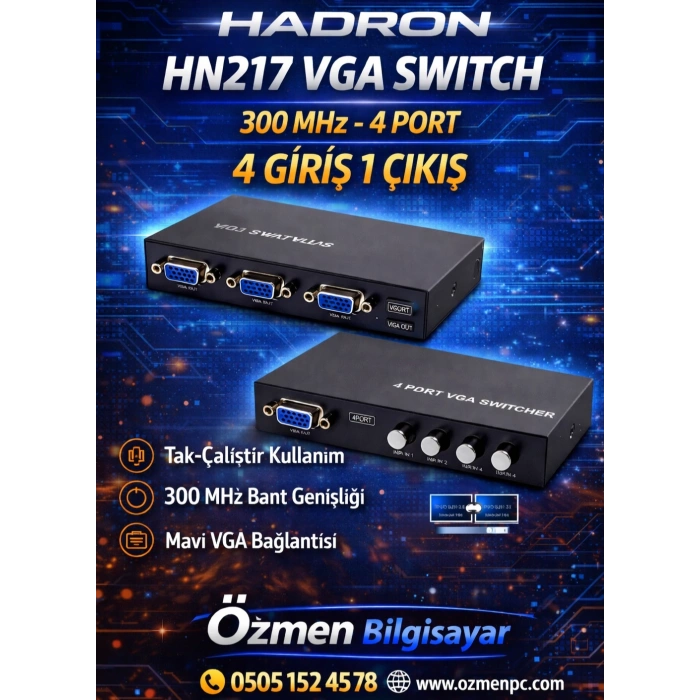 HADRON HN217 VGA SWITCH 300 MHZ 4 PORT 4 GİRİŞ 1 ÇIKIŞ DÜĞMELİ