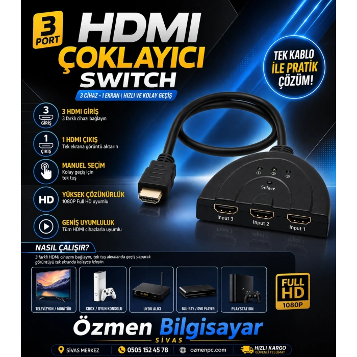 Hdmi Çoklayıcı Switch 3 Port Çoğaltıcı