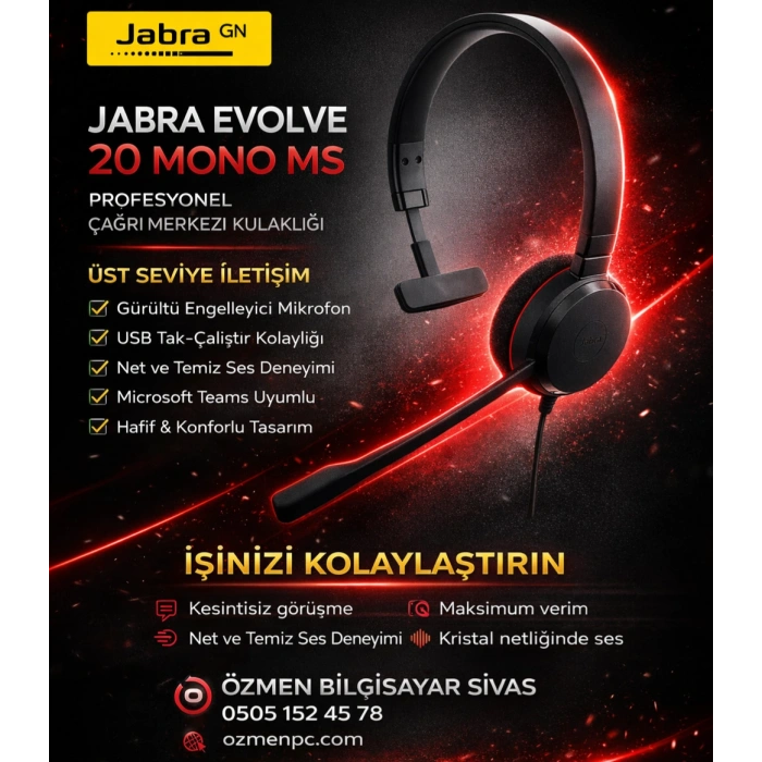 Jabra Evolve 20 Mono MS Kablolu Çağrı Merkezi Kulaklığı