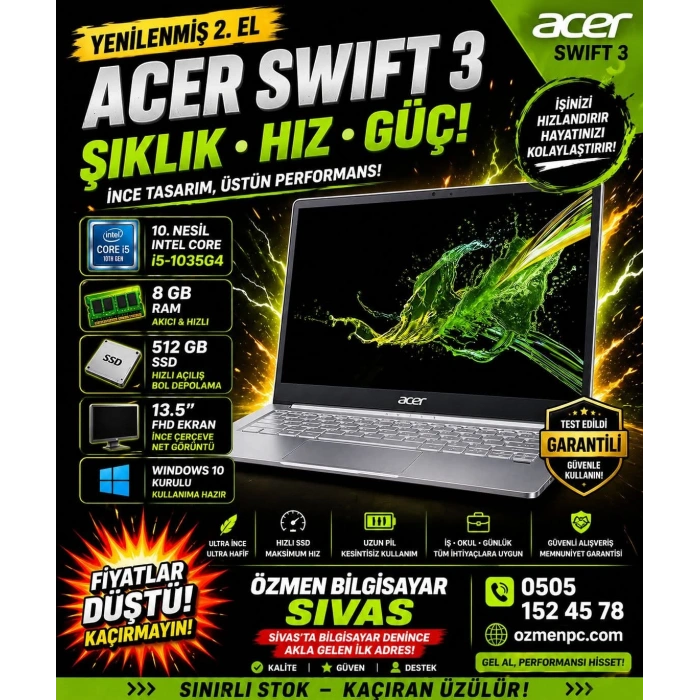 Acer Swift 3 10.Nesil Core i5 1035G4-8Gb-512Gb