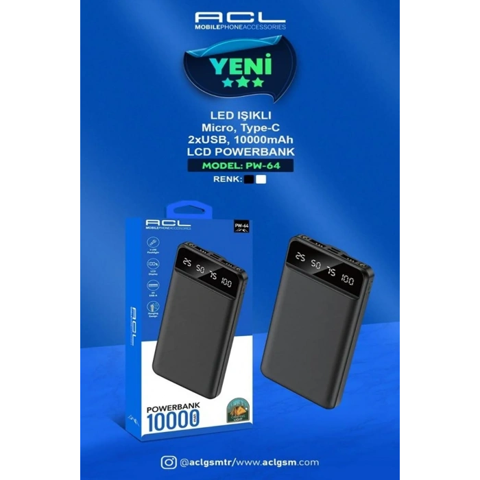ACL Pw-64 Led Işıklı Mikro Type-c 2xusb 10000mah Powerbank