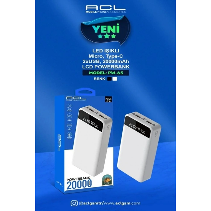 ACL Pw-65 Led Işıklı Micro Type-c 2xusb 20000mah Powerbank