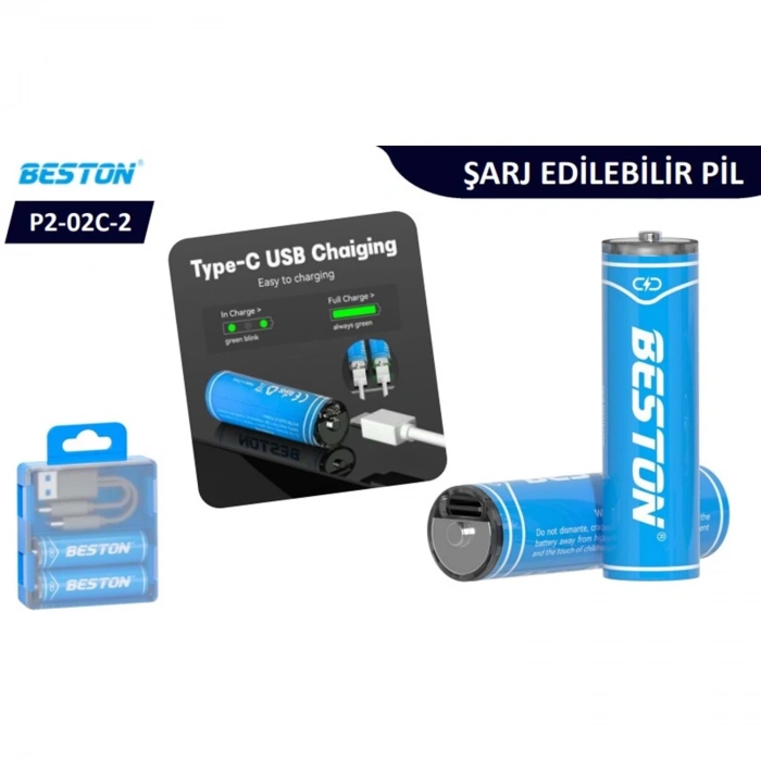 Beston P2-02C-AA Lion Şarj Edilebilir Kalem Pil 2 Li AA Pil Usb Type-C 2200mWh
