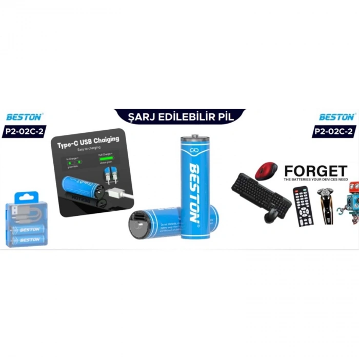Beston P2-02C-AA Lion Şarj Edilebilir Kalem Pil 2 Li AA Pil Usb Type-C 2200mWh