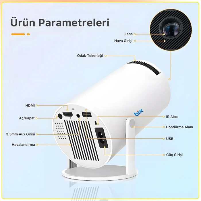 Bix Vega Android Projeksiyon Cihazı HD 1280×720 4K Desteği 170 ANSI Lümen Wifi Bluetooth Mini Akıllı Projektör