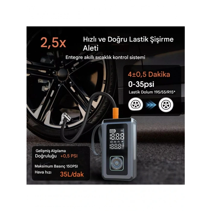 Cepini Şarjlı Pompa, Akü Takviyesi, Fener, Powerbank Özellikli, Taşınabilir Kompresör, Araç Pompası